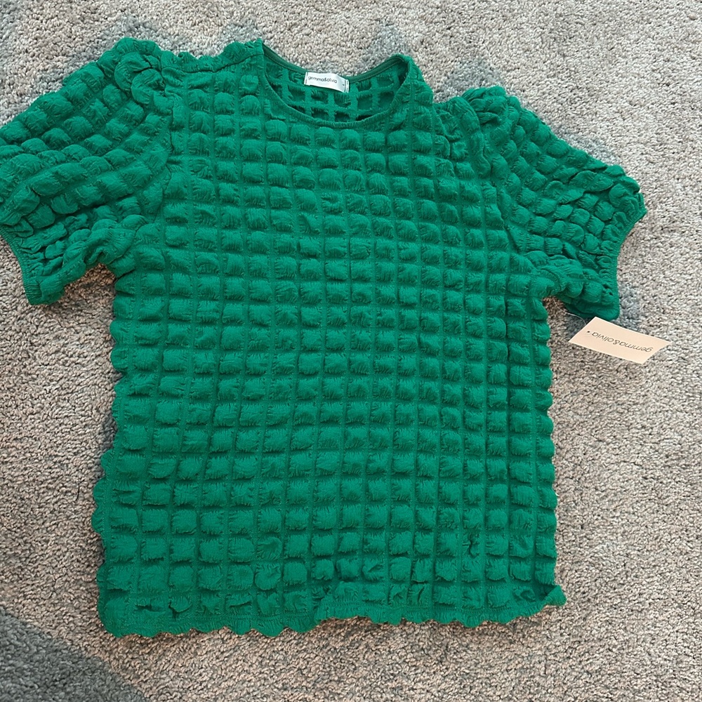 Green Textured Short Sleeve Top